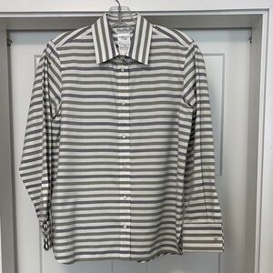 MaxMara Women’s Blue, Olive and White Striped Button-Up Shirt with French Cuffs.